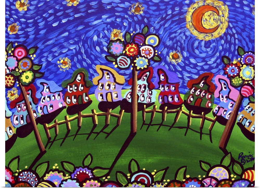 A Van Gogh sky shines over whimsical houses, trees, and blossoms. Fun folk art piece!