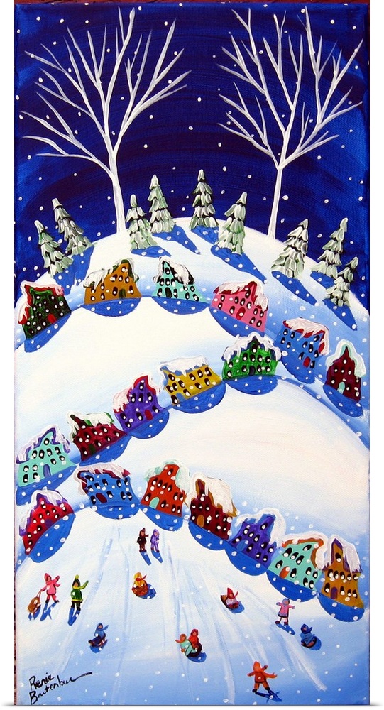 Winter scene with colorful houses and sled riders.