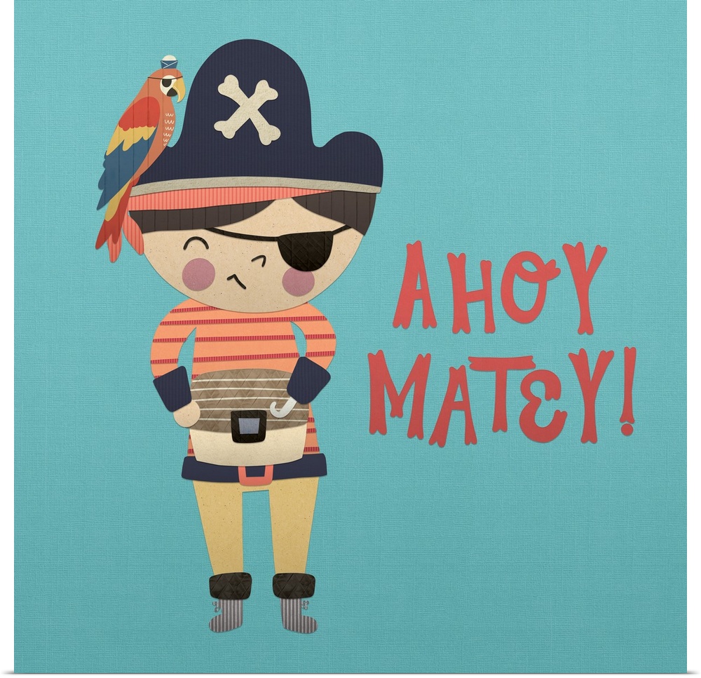 A darling illustration of a young pirate with a parrot and "Ahoy Matey!" on a blue background.