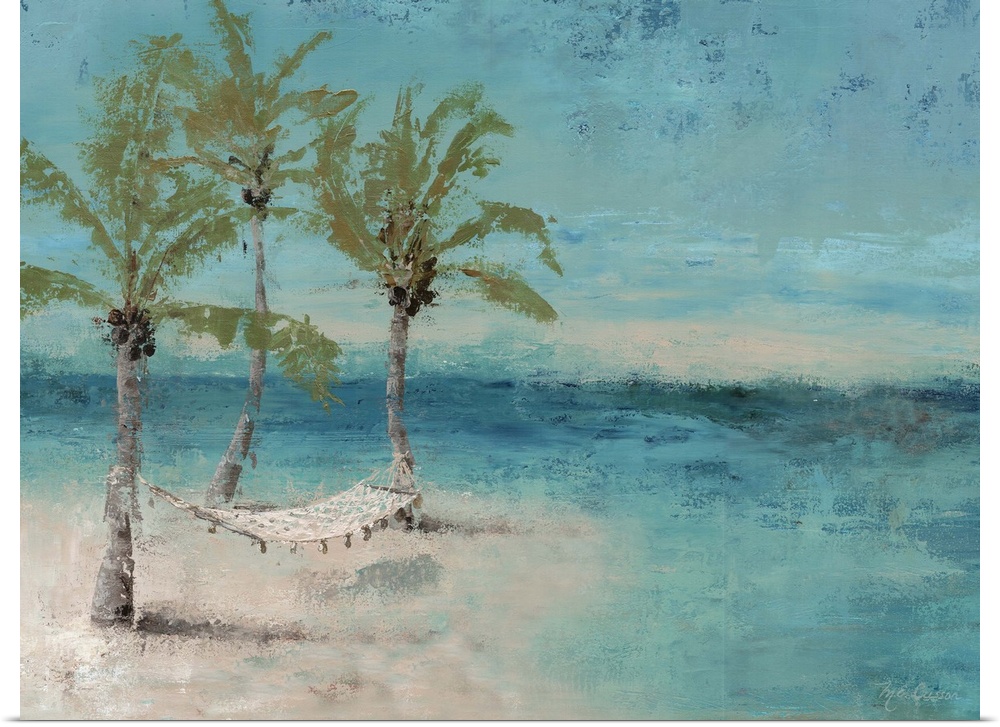A contemporary painting of a hammock tied to palm trees on a beach with teal blue water.