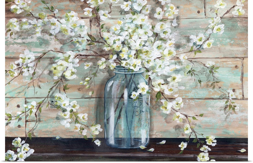 A decorative painting of a glass mason jar full of white blossoms in subdue tones.