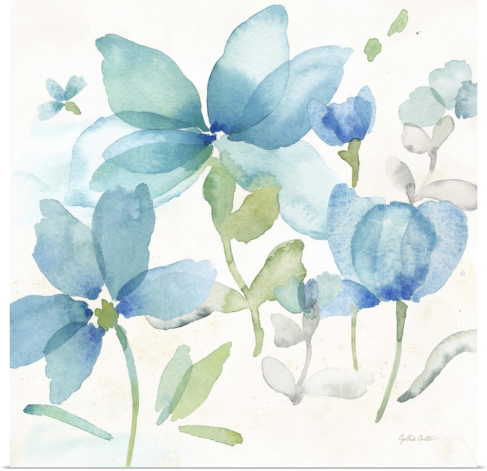 Square decorative watercolor image of a large blue poppies on a white background.