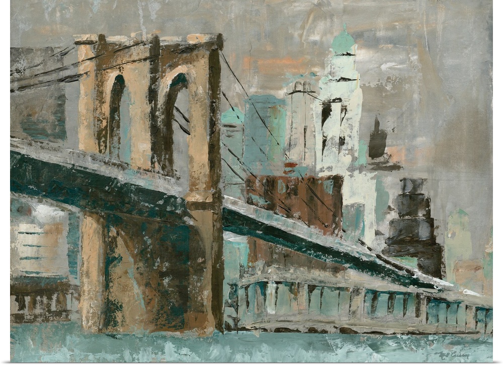 Contemporary painting of the Brooklyn Bridge in muted tones of brown and teal.