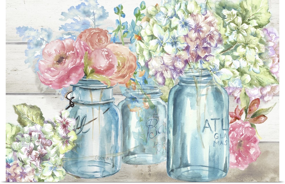 A decorative painting of glass mason jars full of spring flowers in pastel tones.