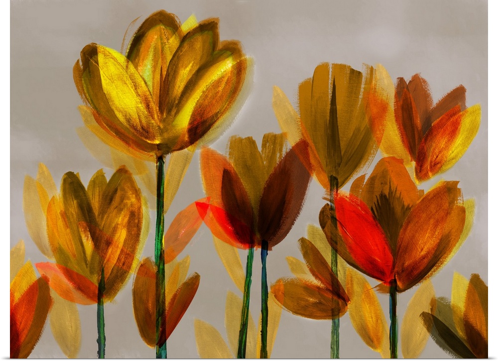 A contemporary painting of bright yellow and orange poppies in broad brush strokes on a neutral backdrop.