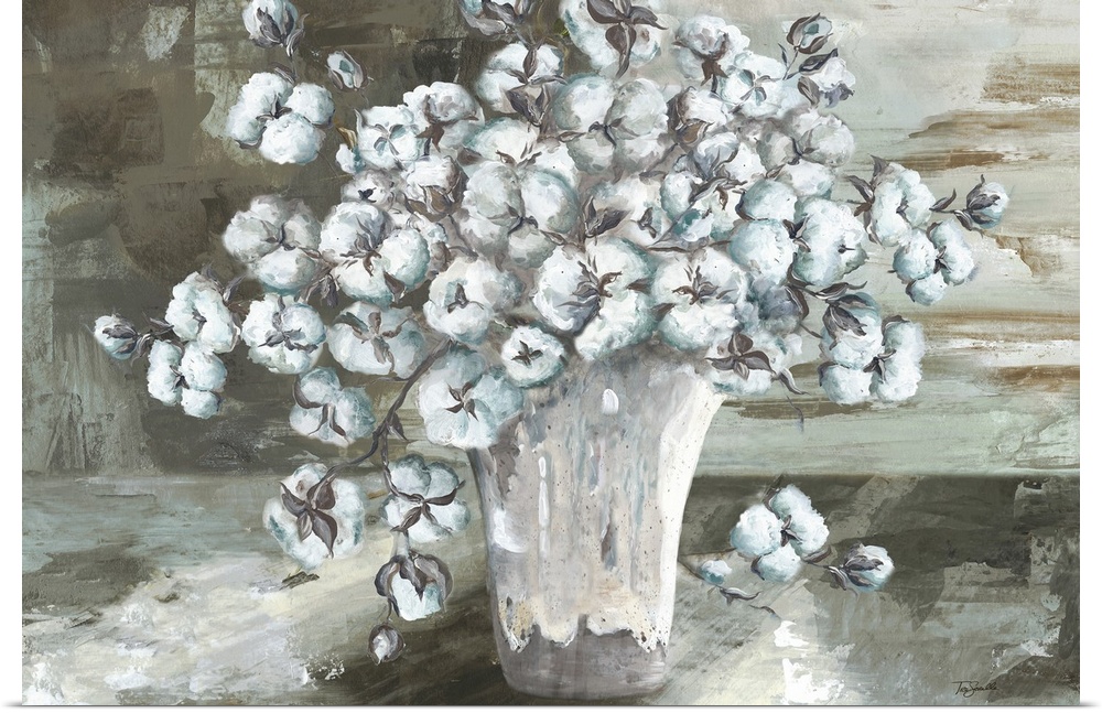 A decorative painting of a vase full of white cotton balls in subdue tones.