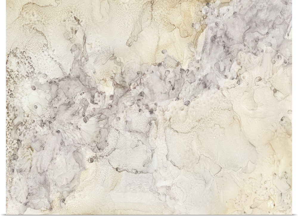 Horizontal abstract painting in shades of silver and gold in the style of marble.