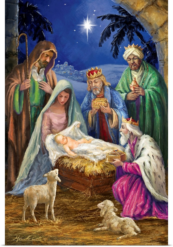 Contemporary artwork of the manger scene of Mary and Joseph with baby Jesus as the three wise men visit.