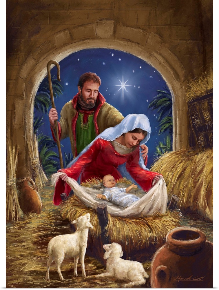 Contemporary artwork of the manger scene of Mary and Joseph with baby Jesus.