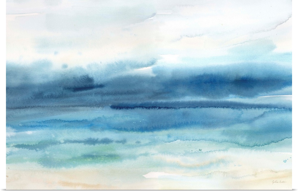 A watercolor painting of an abstract seascape in muted tones of blue.