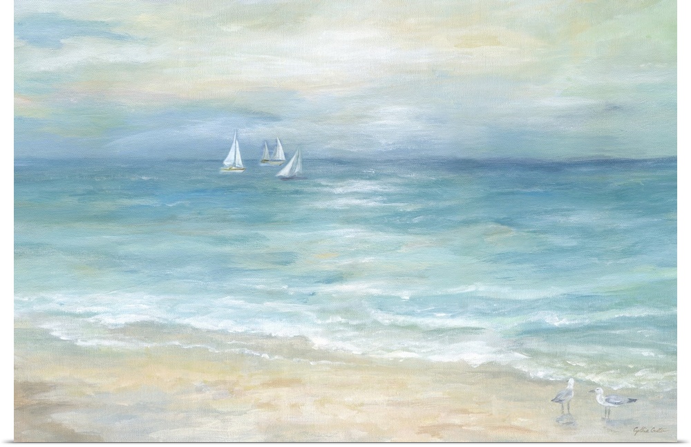 A contemporary painting of a seascape with sailboats off in the distance and shorebird walking along the beach.