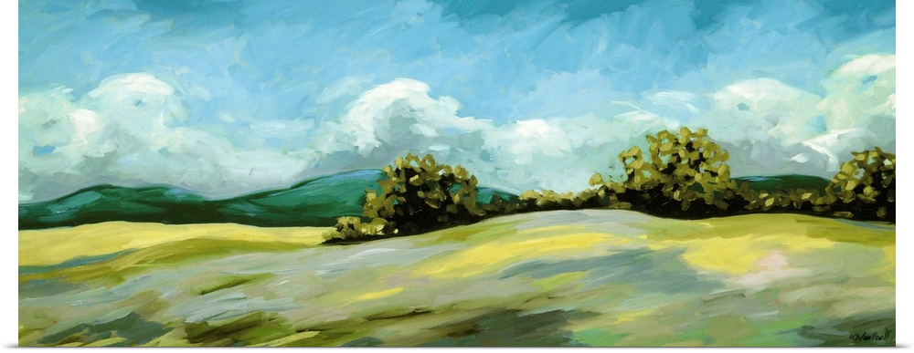 A contemporary painting of a landscape of rolling hills with trees and mountains in the background.