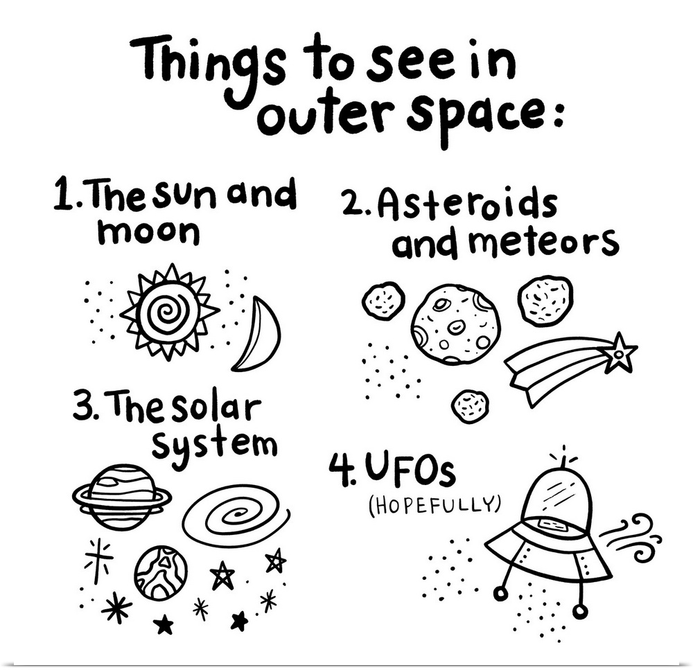 Illustration of things to see in outer space on a white background.