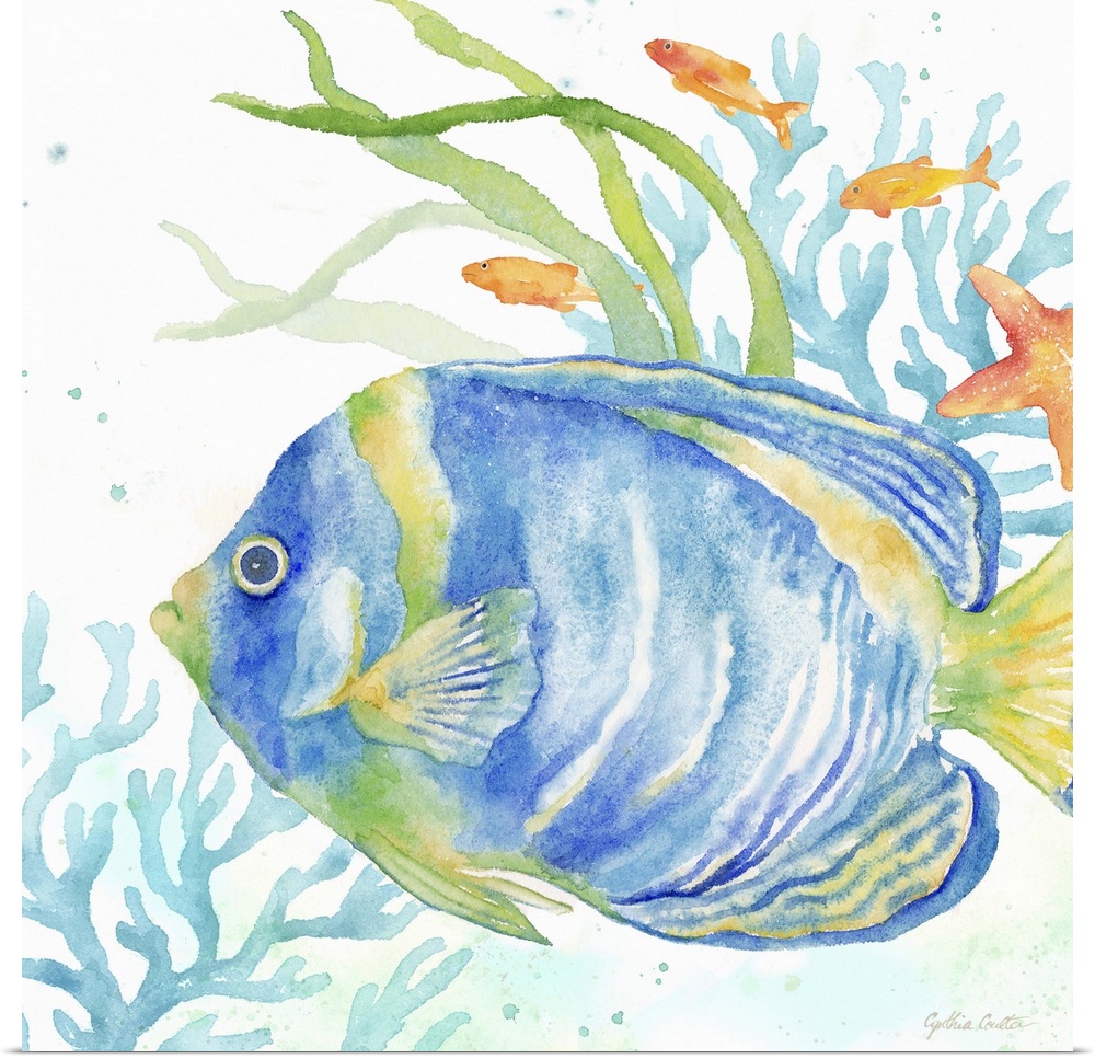 An artistic watercolor painting of a fish and coral underwater in cool tones of blue and green.