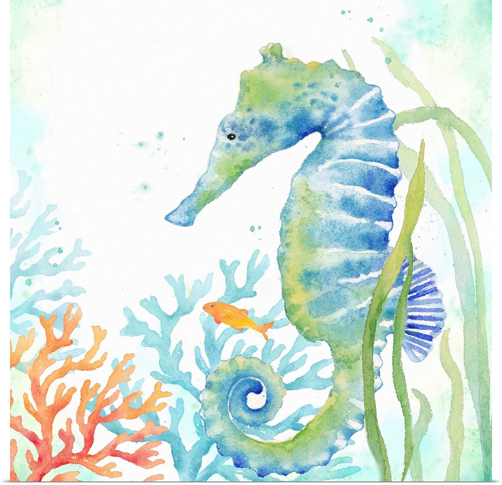 An artistic watercolor painting of a seahorse and coral underwater in cool tones of blue and green.