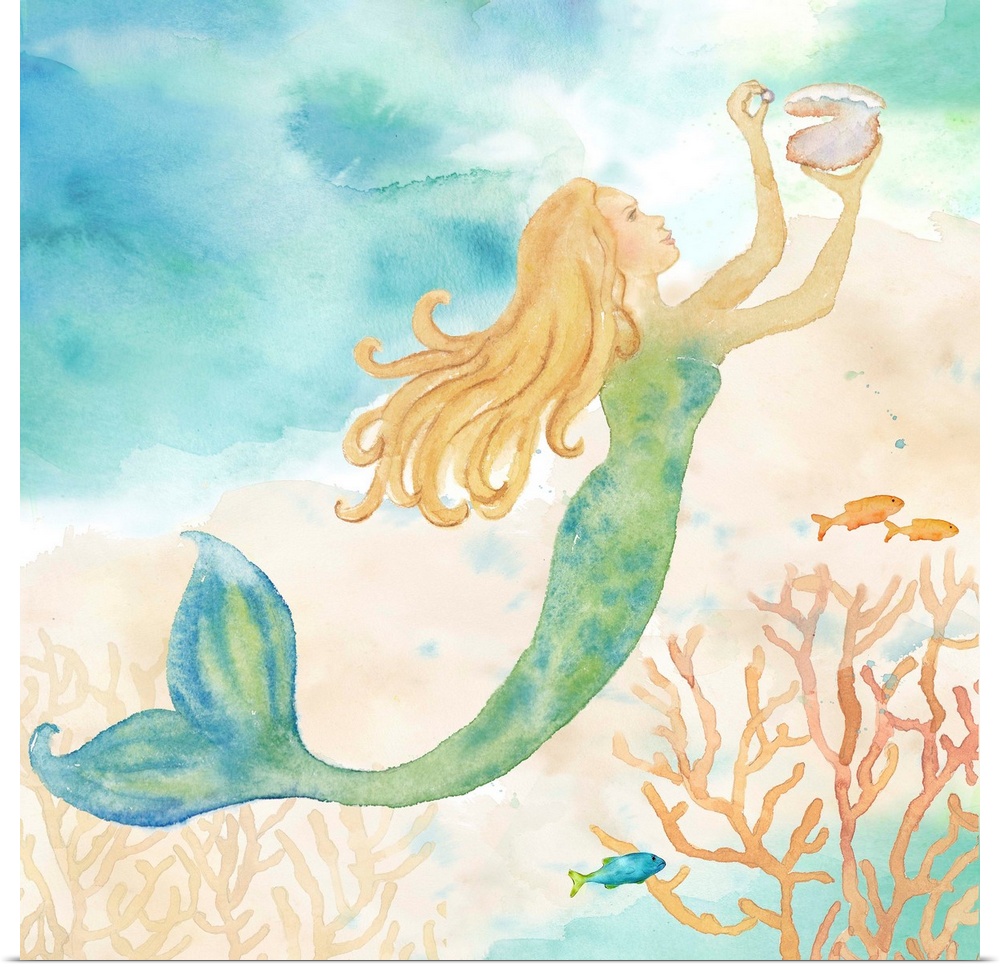 A watercolor image of a mermaid holding a shell.