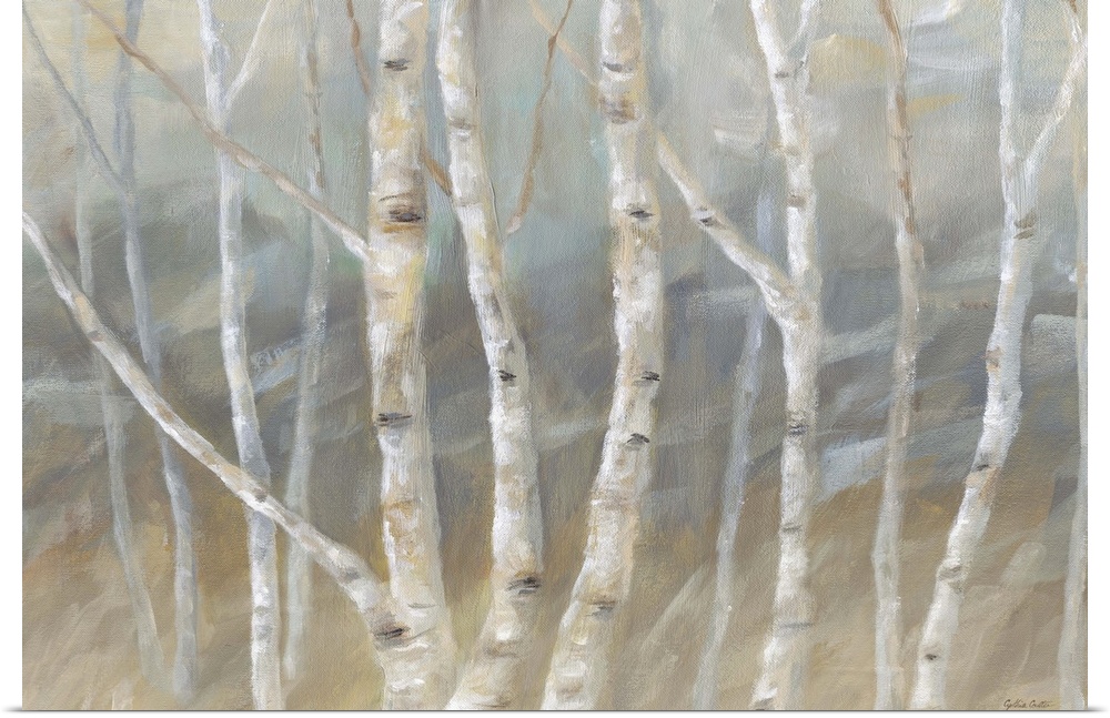 Contemporary painting of a forest of birch trees with a gray and brown backdrop.