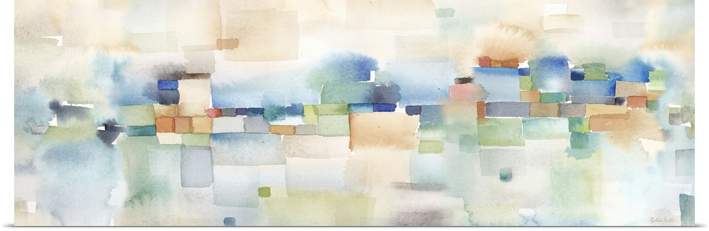 Horizontal abstract watercolor painting in blurred square shapes in muted tones of brown, blue and green.