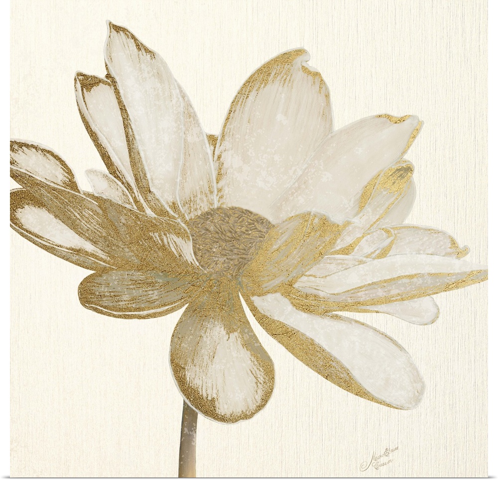 Square decorative image of a large flower with metallic gold accents.