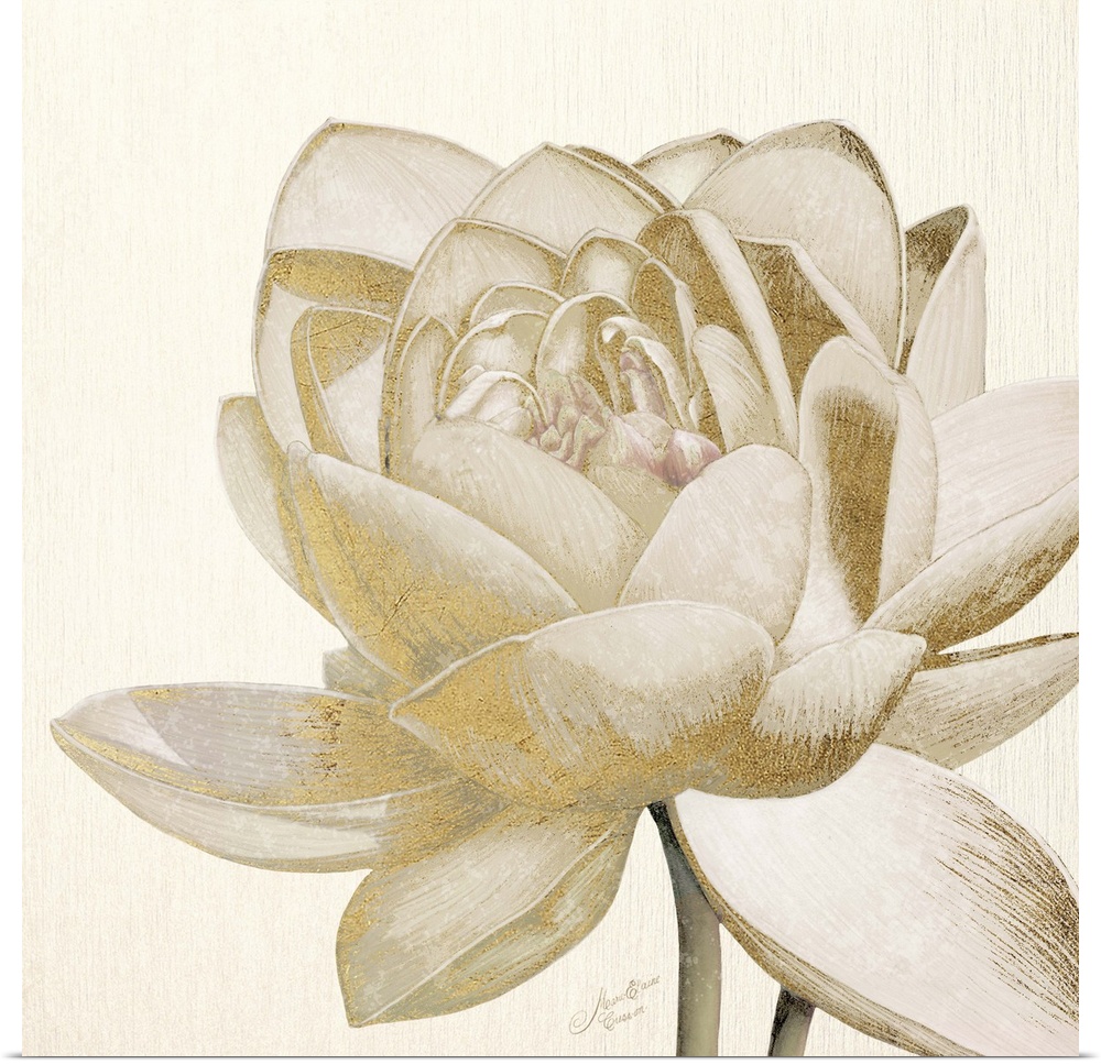 Square decorative image of a large flower with metallic gold accents.