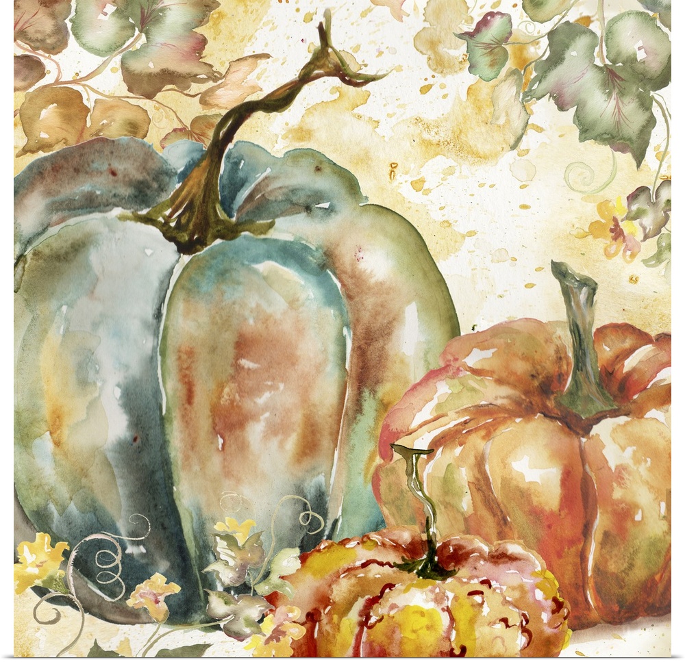 A watercolor painting of a group of pumpkins with autumn leaves in warm shades.