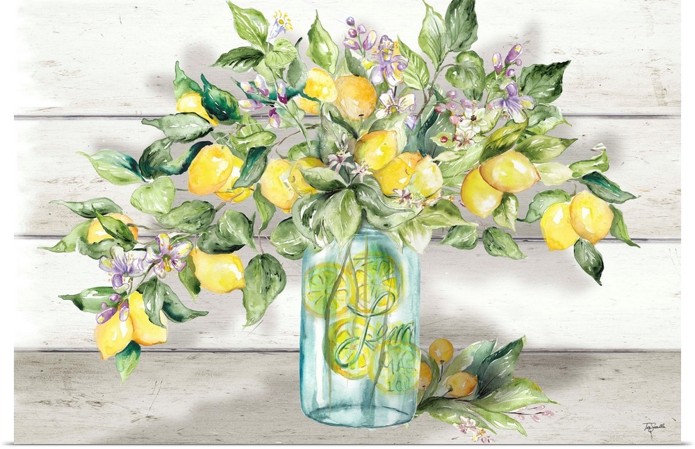 A rustic, country style image of a branch laden with lemons and lemon blossoms, in front of a white shiplap background. Th...