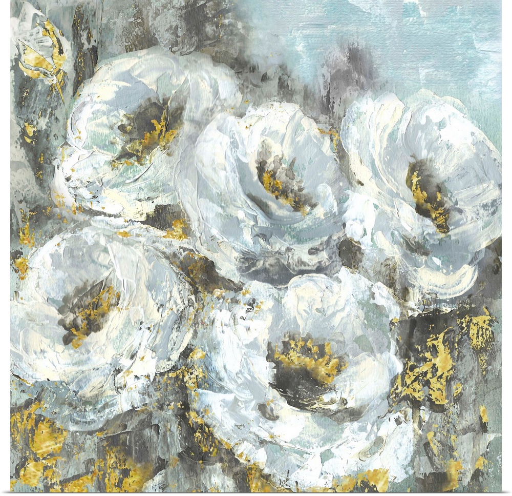 Square contemporary painting of a group of white flowers with a textured effect and gold accents.