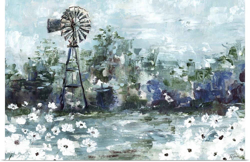 An abstract landscape of a field of daisies and a windmill.