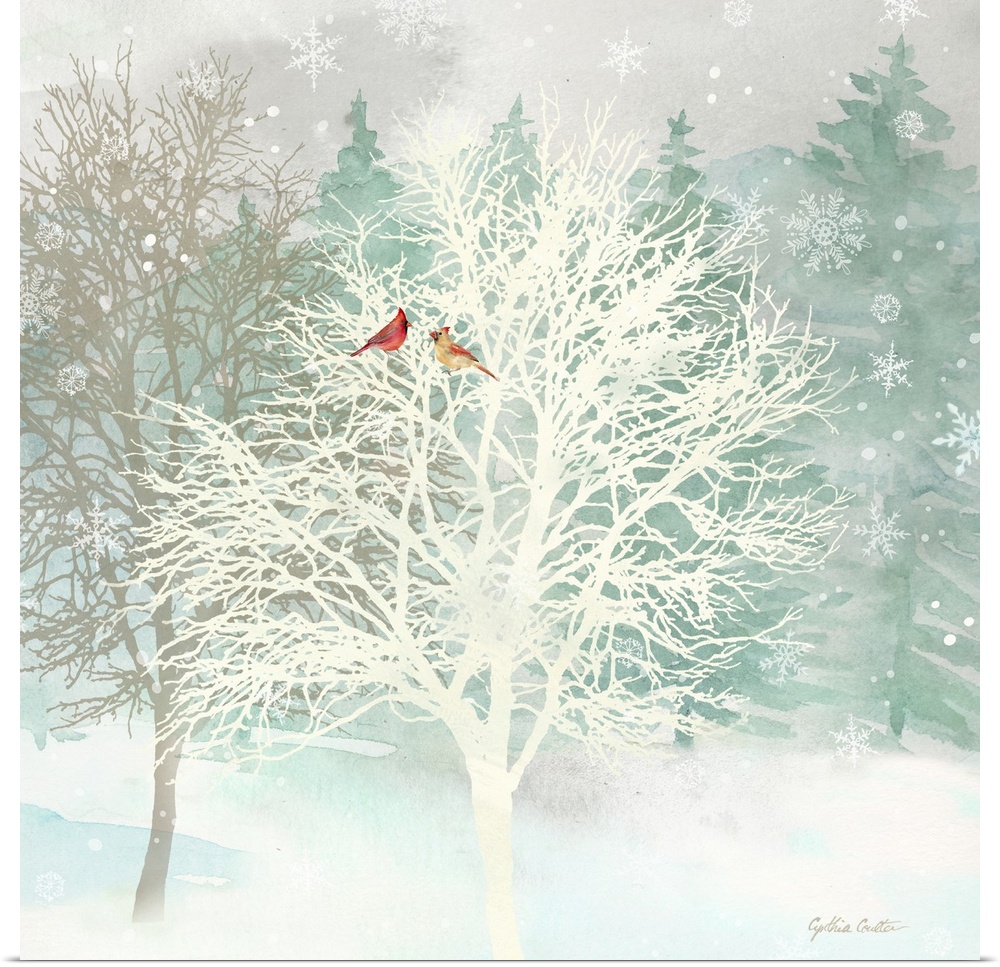 A group of bare trees with red birds as snowflakes fall.