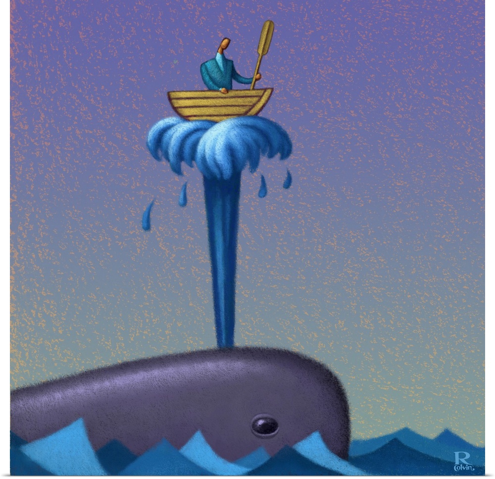 Digital painting of a whale spouting water with a man in a rowboat on top.