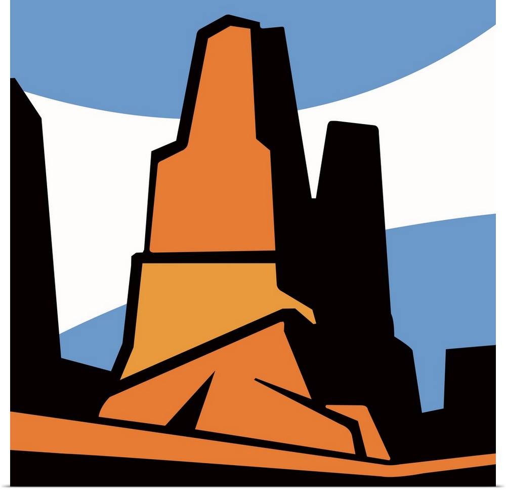 Modernist depiction of a red rock formation based upon a scene located in the four corners area of Utah, Arizona, Colorado...