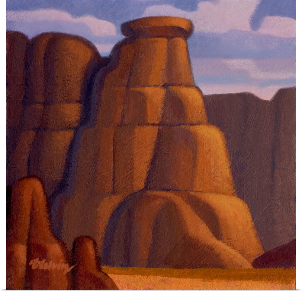 Landscape painting of red rock canyon and cliffs.