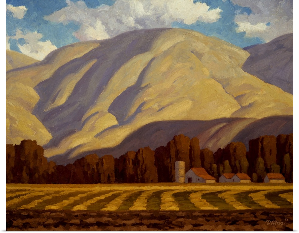 Landscape painting of Chandler Farm with a mountain.
