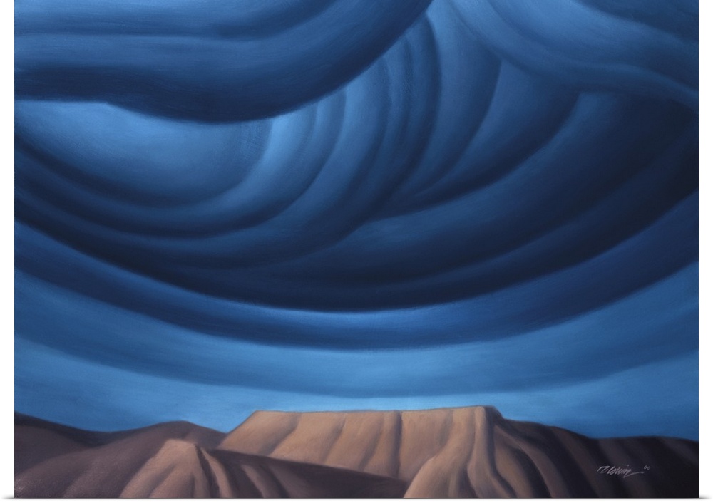 Modernist landscape painting of cobalt blue clouds forming over a mountainous rock formation.