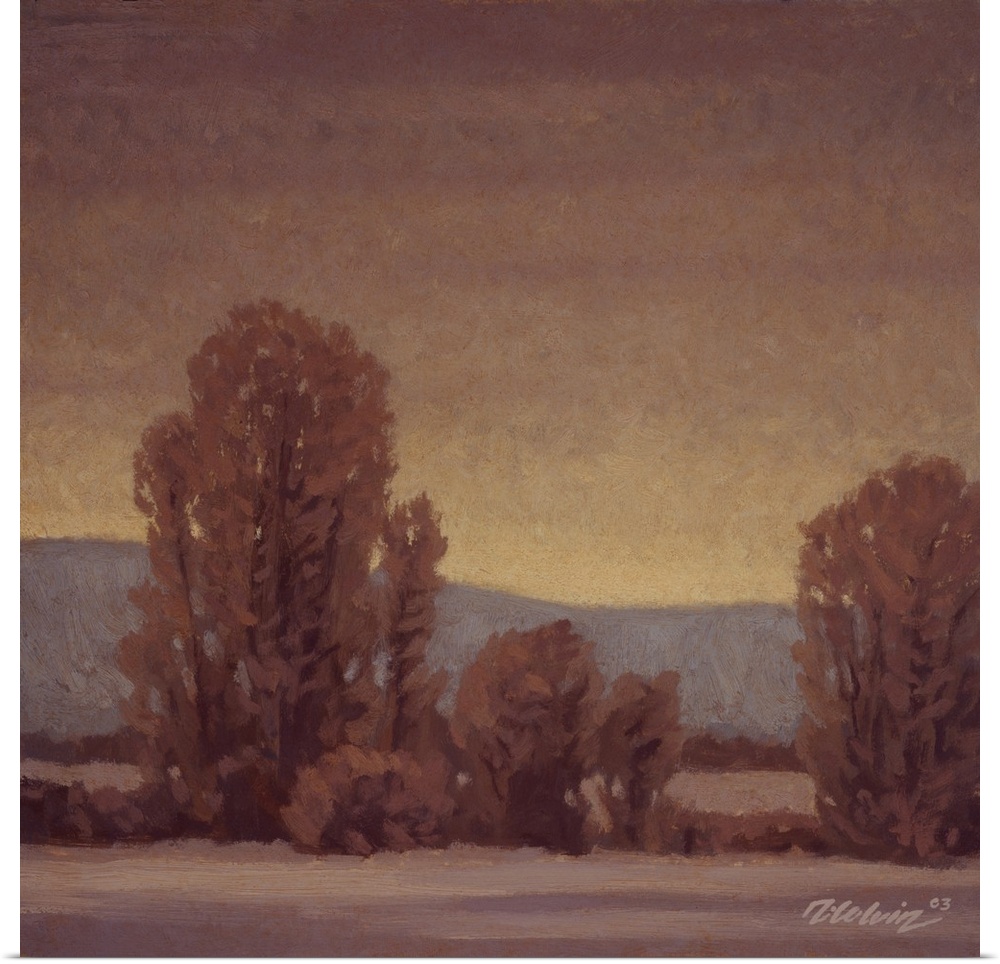 Landscape painting of trees in a tonalist winter setting.