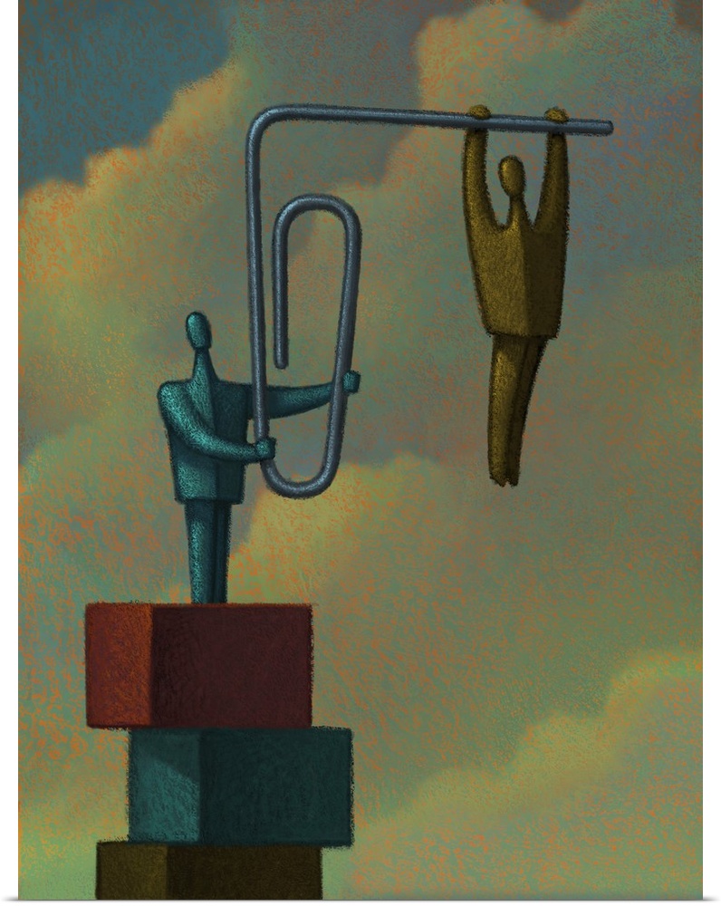 Conceptual painting of a figure strung out on the end of a bent paper clip.