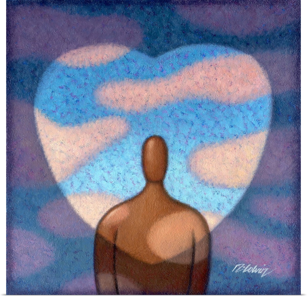 Contemporary painting of a human figure surrounded by a heart shaped blue sky.