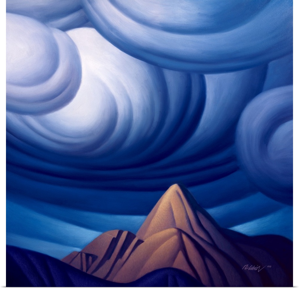 Landscape painting of Imagination Peak, a mountain which was conceived in the artists mind.