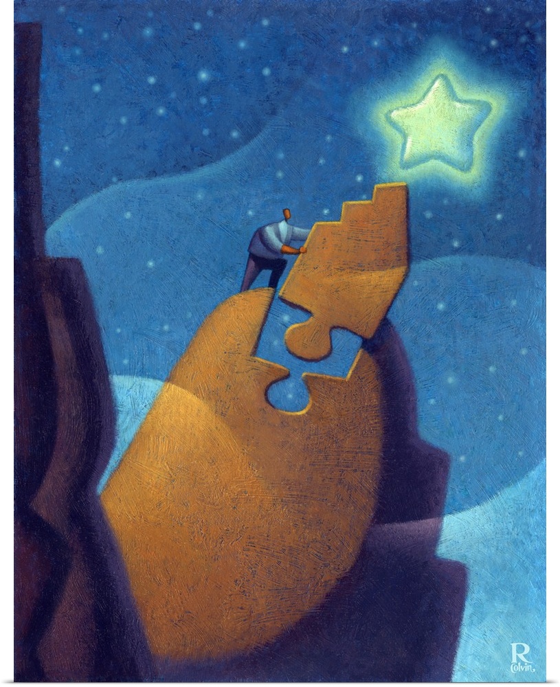 Conceptual painting of a man climbing a mountain with the final puzzle piece put in place to reach a star.