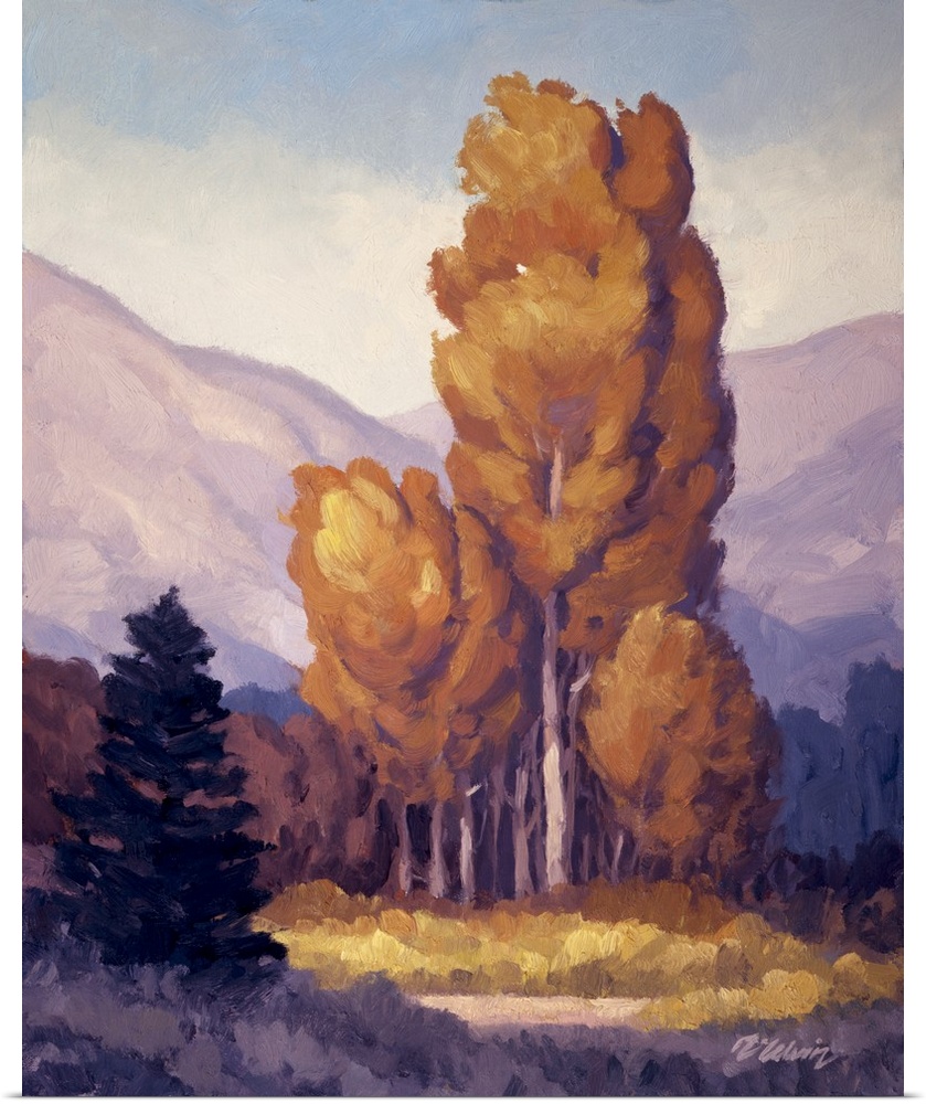 Landscape painting of trees and mountains with purple tones.