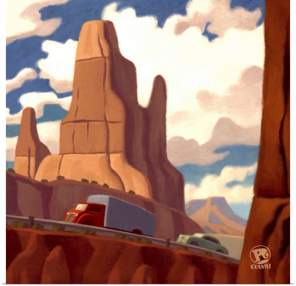 Retro style landscape of a truck and car passing through the southwest desert on a scenic highway.