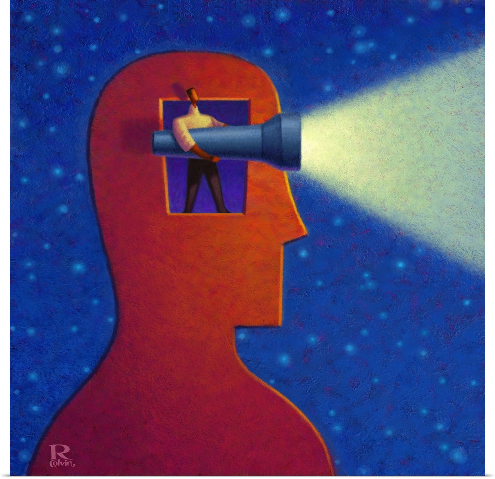 Acrylic and digital painting of a man's head with a window. A smaller man is shining a flashlight out the window.