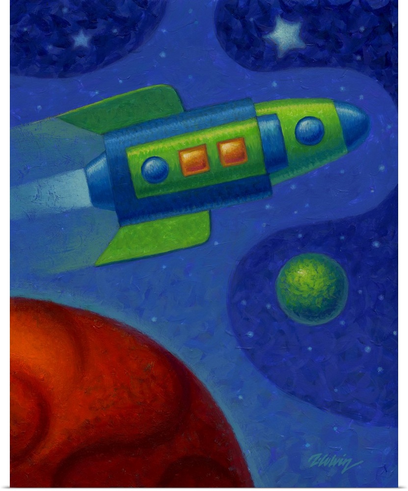 Acrylic painting of a rocket passing over a red planet.