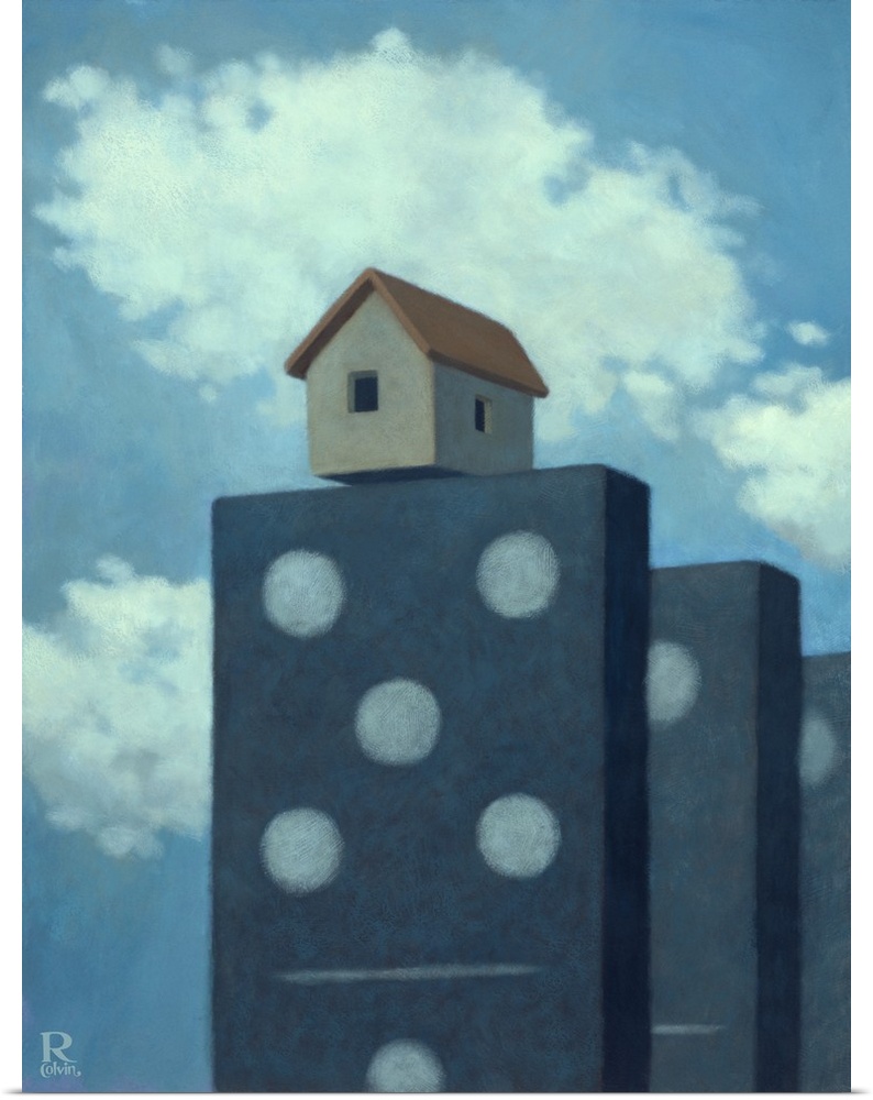 Conceptual painting of large dominoes with a house on top.