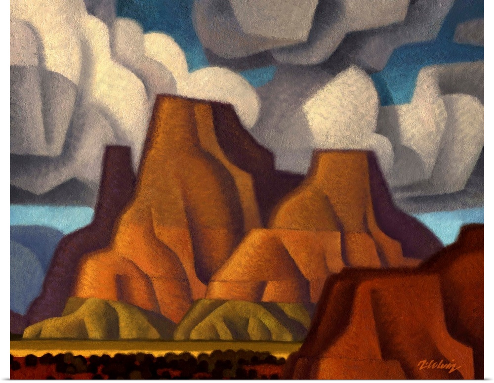 Contemporary painting of Tug Boat Butte, an American Southwest desert scene in a cubist style with large billowing white c...