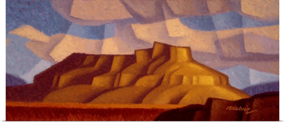 Painting of Undo Butte, an American Southwest desert scene in a cubist style with large billowing pink clouds.