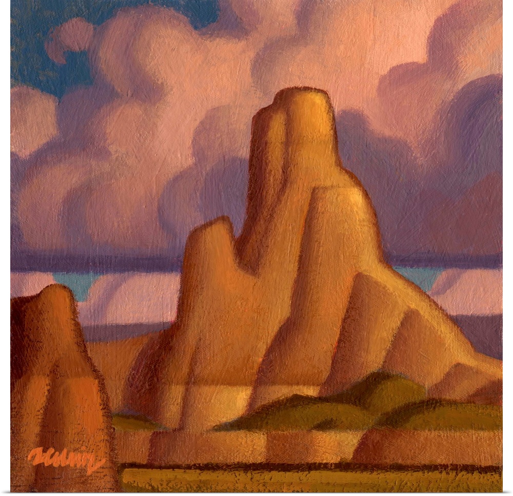 Square landscape painting of large canyons with pink fluffy clouds above.