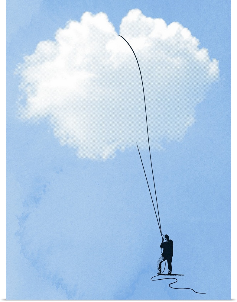 Tall canvas of the silhouette of a man pulling on a rope that he has wrapped around a cloud.