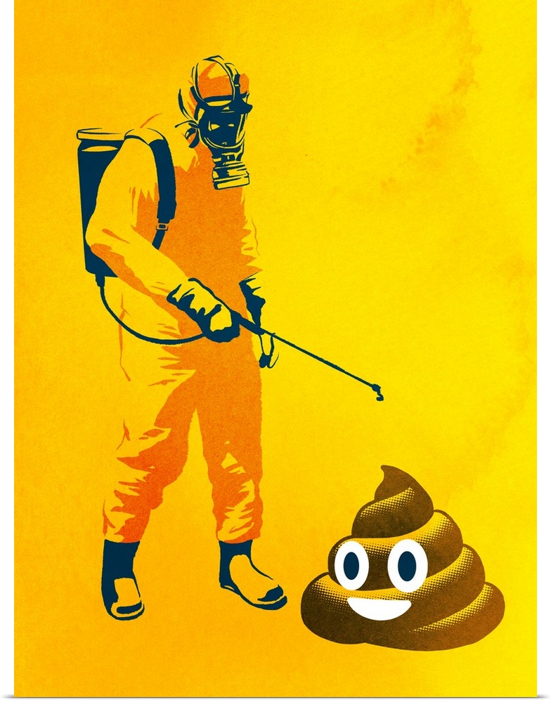 A person in a hazmat suit spraying a large poop emoji.
