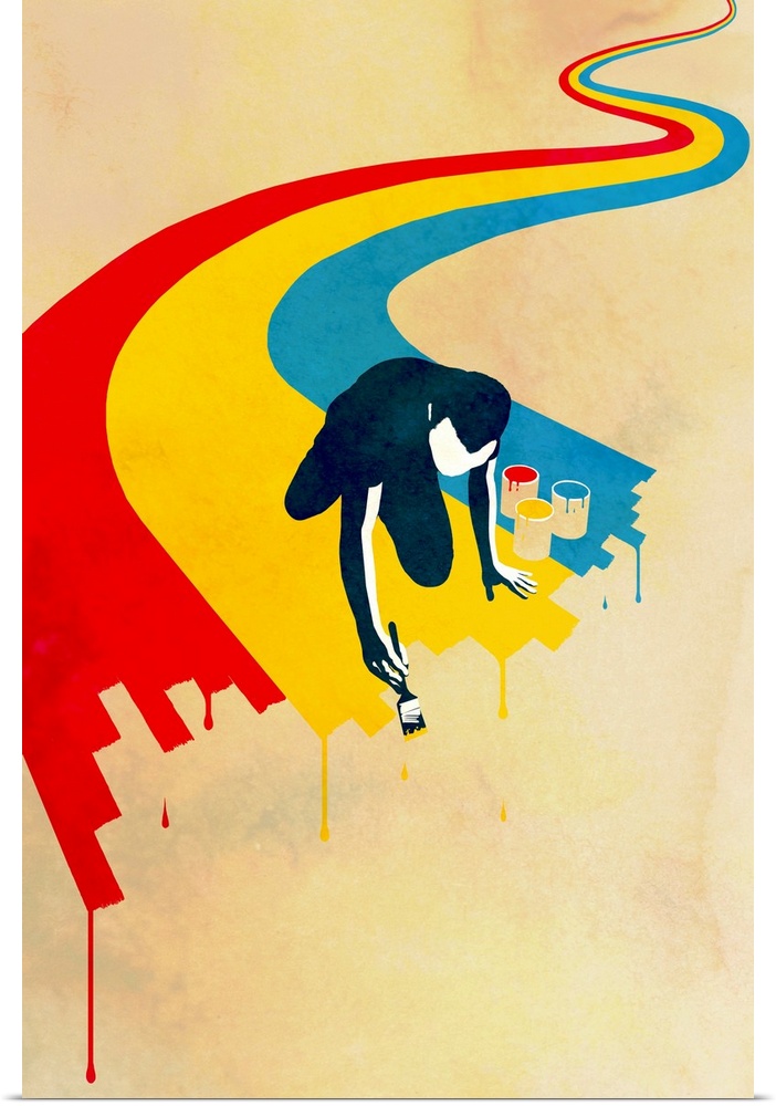 Contemporary illustration of a silhouetted man painting a winding rainbow.  The edge of the rainbow is dripping and appear...